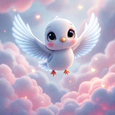 The primary subject of the image is a small, cute bird with a pink beak and white wings. The bird is flying through a pink and white cloudy sky, surrounded by hearts. The setting appears to be a whimsical, dreamy environment, with the bird as the main focus. The visual style of the image is a combination of digital art and illustration, creating a charming and delightful scene. The colors and mood of the image are predominantly pink and white, giving it a warm,